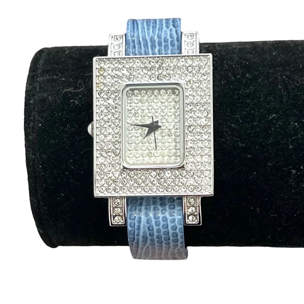 ADRIENNE LIMITED PAVE CRYSTAL ART DECO WATCH W BLUE LEATHER LIZARD PRINT BAND